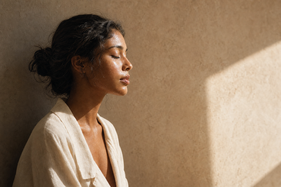 OVESSI editorial portrait, eyes closed, fine mist droplets on cheek, soft morning light
