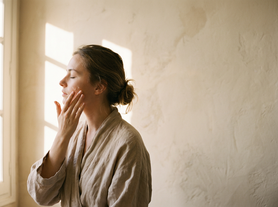 OVESSI editorial portrait, warm cream and peach light, the the drink ritual moment
