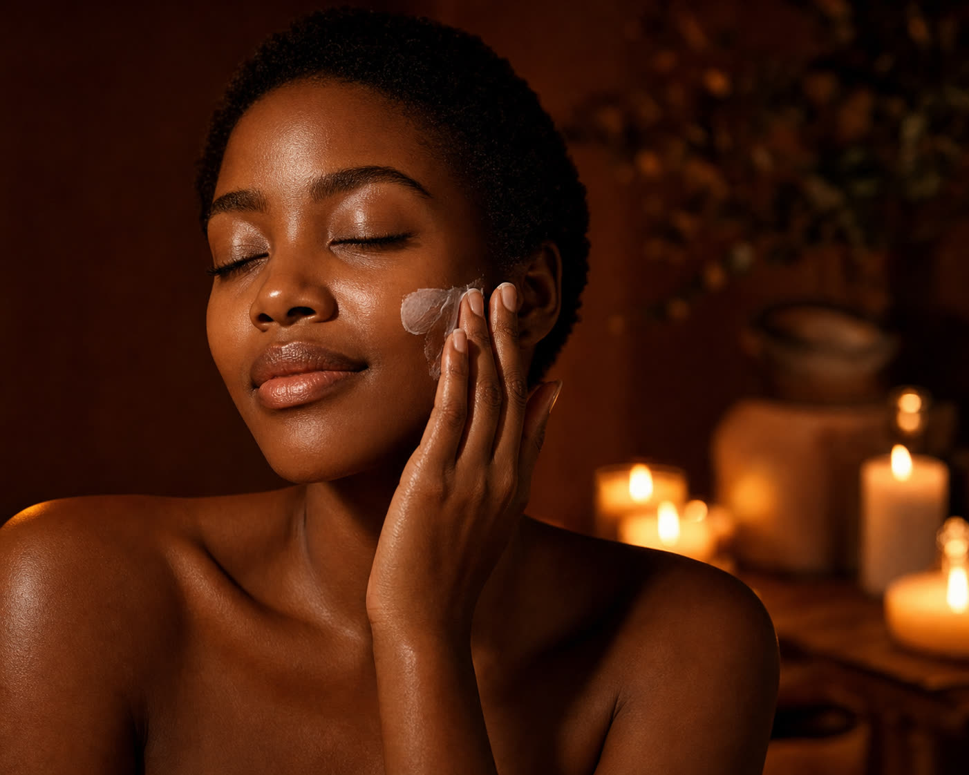 Evening ritual. Candlelight, rich cream pressed into the cheek.